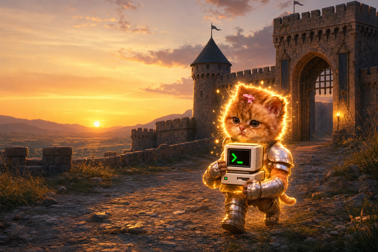 The armored kitten walks a castle road at sunset, computer in her arms, the gatehouse behind her