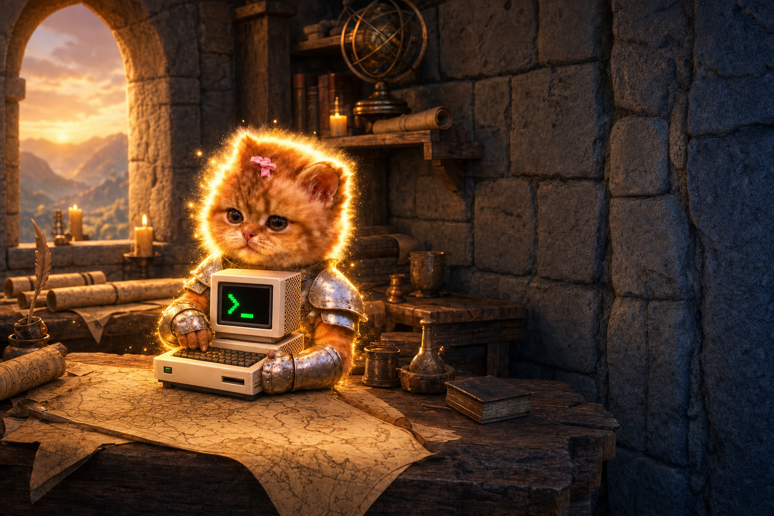 The kitten at a tower desk, paw on the computer keyboard beside an old map and candles