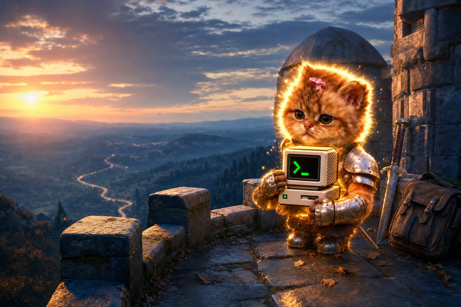 The kitten on the battlements above a valley road at sunset, sword and satchel beside her