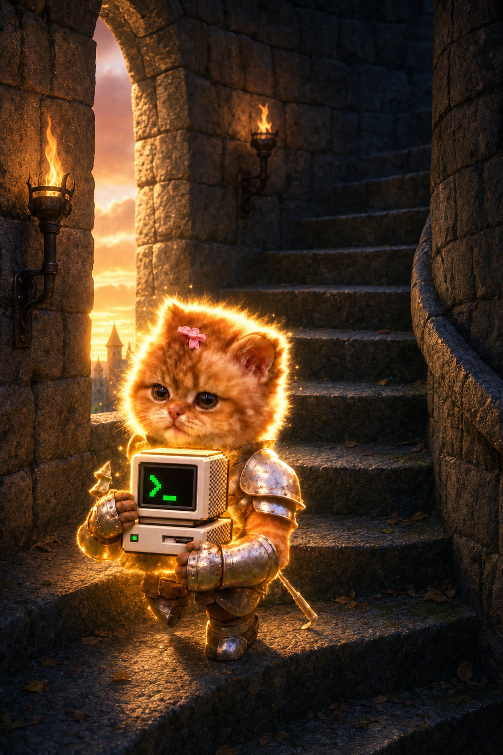 Kitten climbing a torch-lit spiral stair